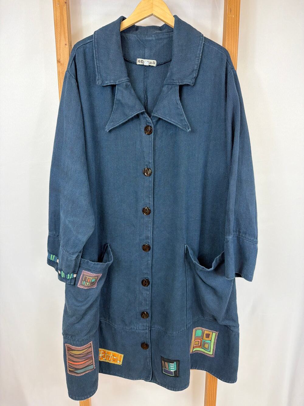 Vintage Blue Fish Blue Embroidered & Painted Long Jacket OS LG / XL